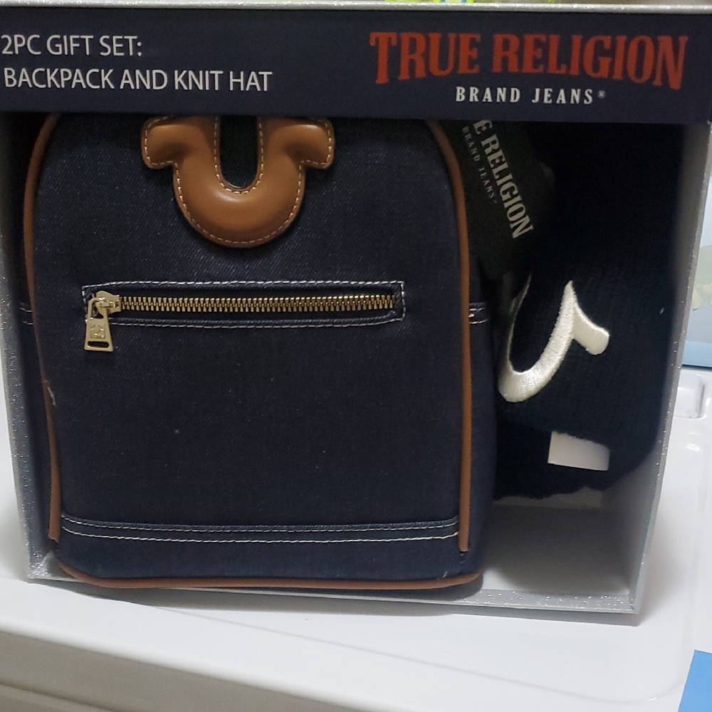 True Religion Black and Tan Backpack with Knit Hat